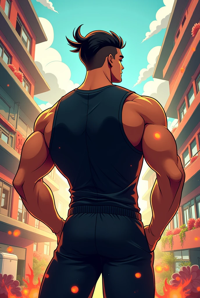 Man with his back to the image, athletic body, black jersey, Bblack hair. animated cartoon