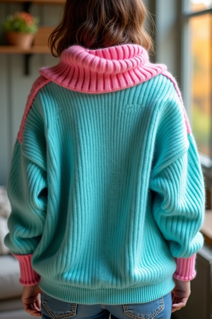 Turquoise sweater with pink collar and sleeves