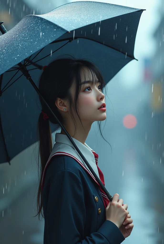 An excessive beautiful Asian school girl with uniform standing under the umbrella in the rain look to the sky