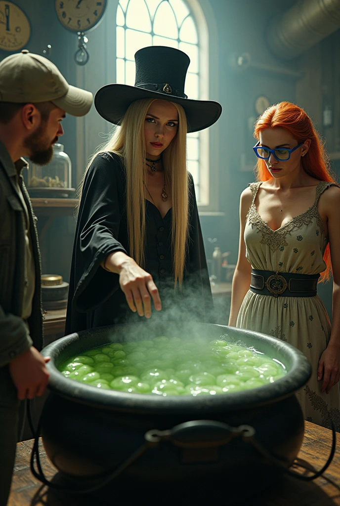 extremely detailed witch figure without hat in an alchemy lab, with a huge black cauldron containing pale green bubbly liquid. A beautiful witch  with long straight blonde hair, clad in a top hat and black steampunk styled dress is pointing to the cauldron, and she is speaking to a man with a bald head,  clad in a baseball cap, and a redhead woman, clad in an ugly peasant torn dress and blue eyeglasses. Photogenic, highly detailed, realistic lighting.