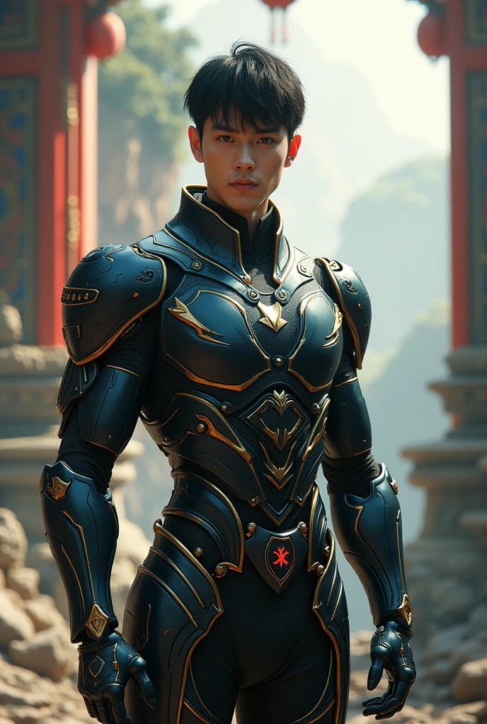 Man in a combat suit set in a Chinese fantasy wuxia world but with modern short black hair with red pupils and a black gemstone ring on the third finger of left hand