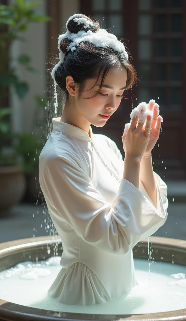 Create an Asian beauty,Beautiful big eyes,Regular facial features,Normal limbs,White traditional cheongsam,Hair in a bun,Washing hair with hands on head,There is a lot of real foam on the scalp,The hair is covered with white real foam,Ancient courtyard background,9:16 frames,Ultra HD painting