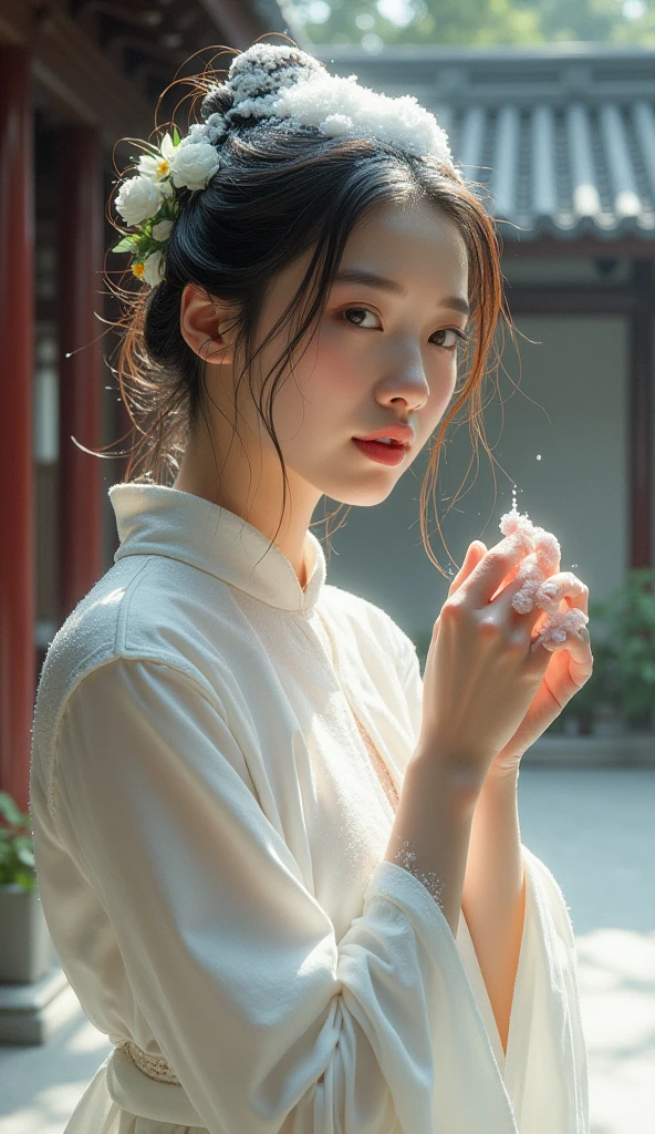 Create an Asian beauty,Beautiful big eyes,Regular facial features,Normal limbs,White traditional cheongsam,Hair in a bun,Washing hair with hands on head,There is a lot of real foam on the scalp,The hair is covered with white real foam,Ancient courtyard background,9:16 frames,Ultra HD painting
