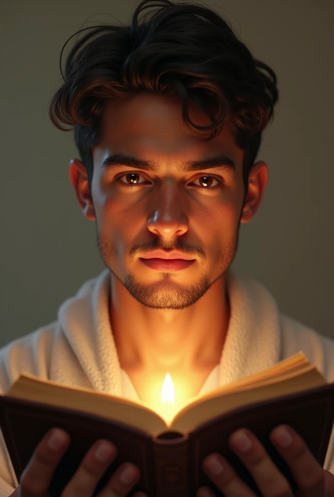 (photorealism:1.2), a young man holding a bible and his eyes shines like a light..filled with the power of God