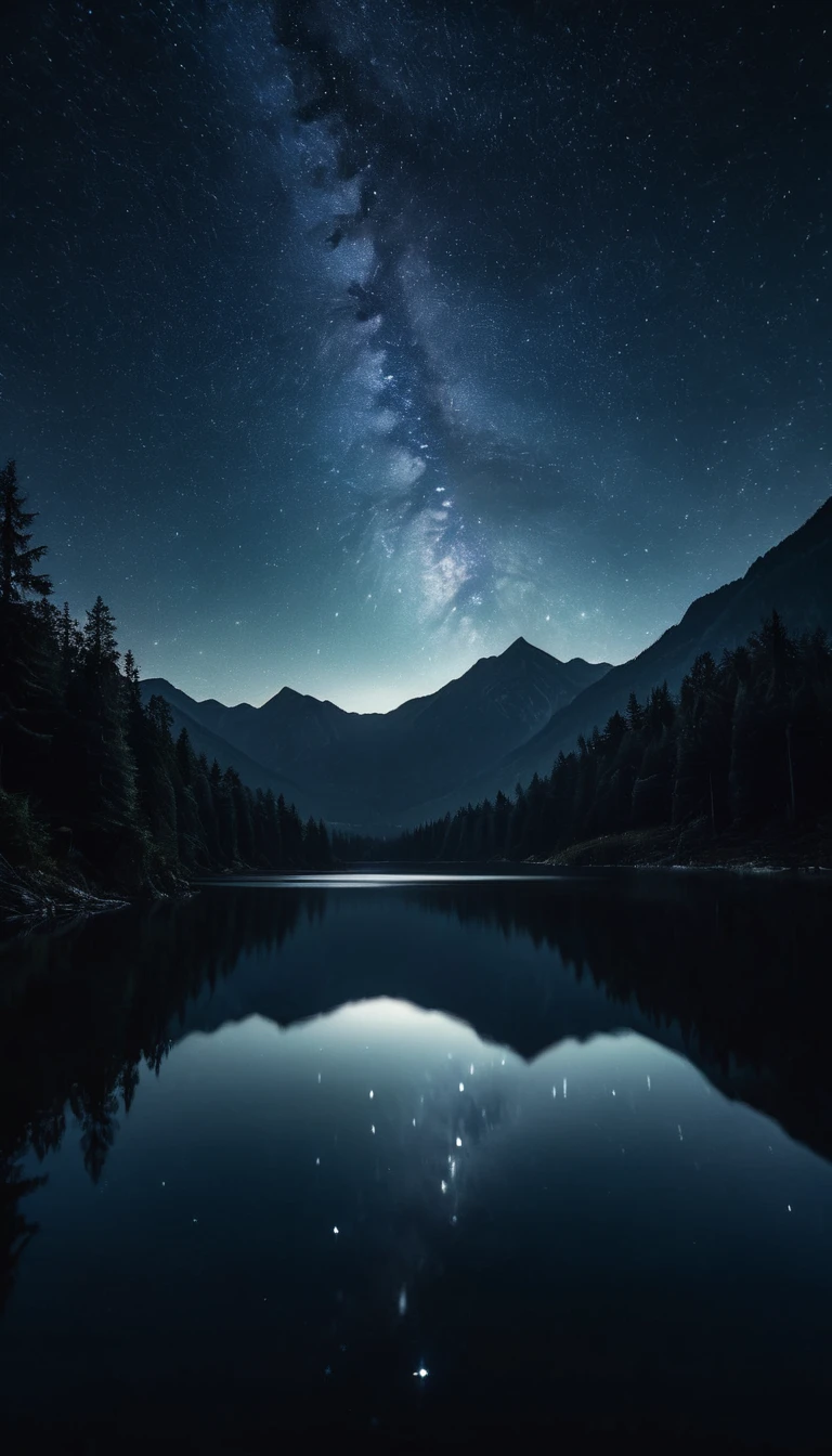 realistic photo, deep night, dark night, lake in the middle of mountains, small forest, very starry sky, stars reflection in lake, cinematic, dramatic lighting, moody atmosphere, high quality, 8k, hyperrealistic, photorealistic, intricate details, stunning landscape, serene, calm, tranquil, beautiful, picturesque, award-winning