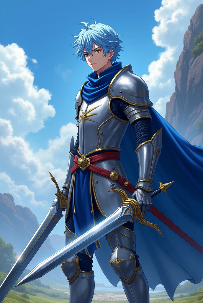 A male anime character with light blue hair. He is a brave knight. His weapons are two holy swords. The first one is a pure white sword with a light aura. The second one is a pitch-black sword with a dark aura.