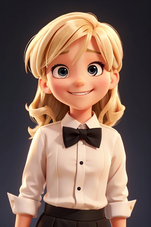 a 13 year old blond girl smiling with a black bowtie in a tuxedo shirt