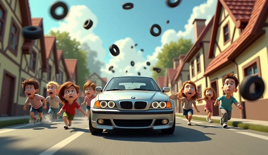 Im Stil von Cartoon 3D-Animations-Filmen. Villagers flee in fear from flying car tires and a speeding silver BMW E46 Compact. A villager is brutally killed by a tire.