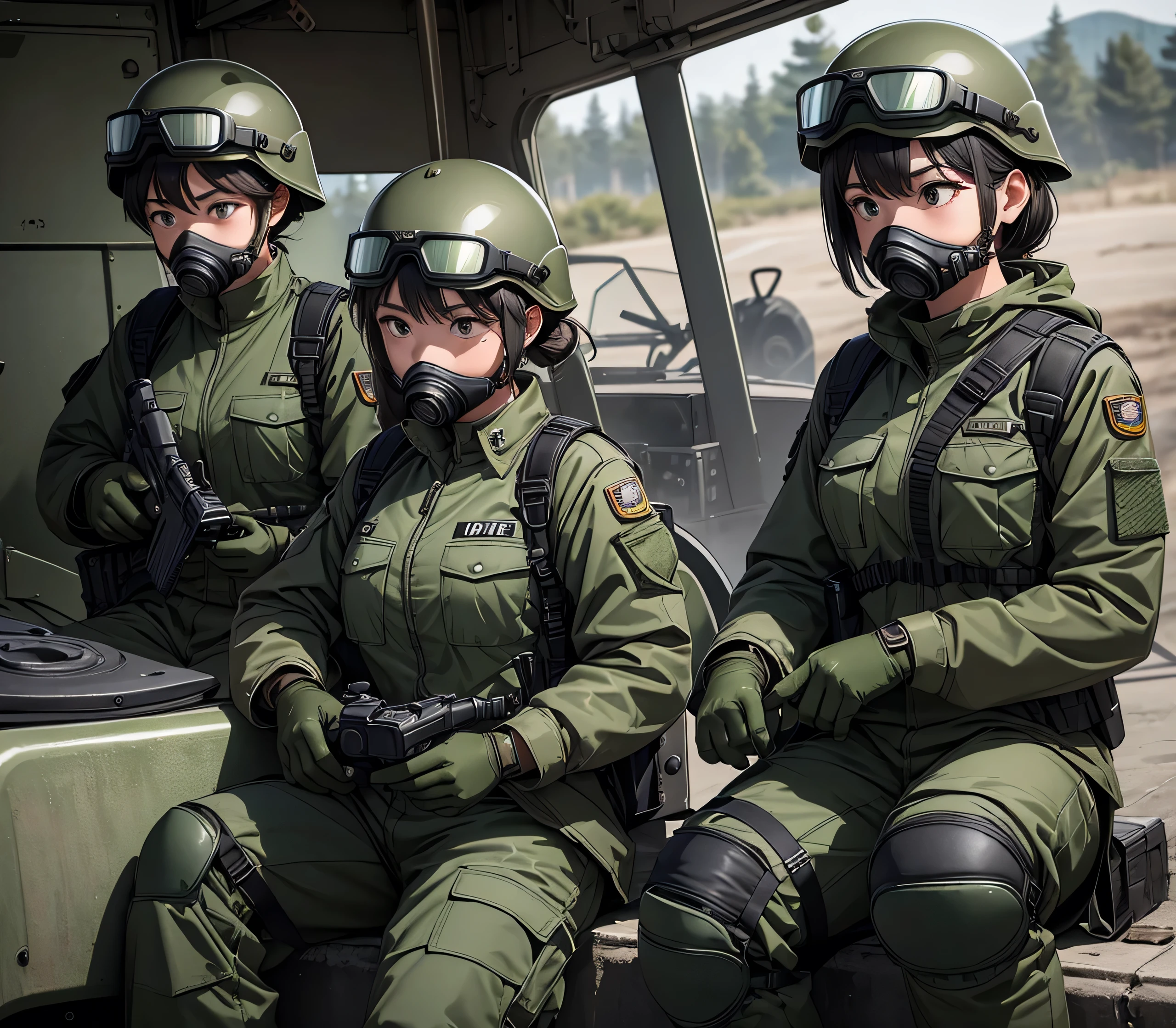 A group of female soldiers next to the jeep、All wearing dark green M-51 military uniforms、Put on a helmet、Wear goggles、wearing gas masks、Military Pants、Knee pads、Write details、masterpiece、best quality、Highly detailed CG、8K picture quality
