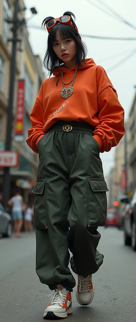 1 asian female, 90s streetstyle hiphop fashion, baggy thick edgy loose clothing, Melbourne shuffle shuffling footwork, medium shot, 1990s, photorealistic, (best quality,4k,8k,highres,masterpiece:1.2),ultra-detailed,(realistic,photorealistic,photo-realistic:1.37)