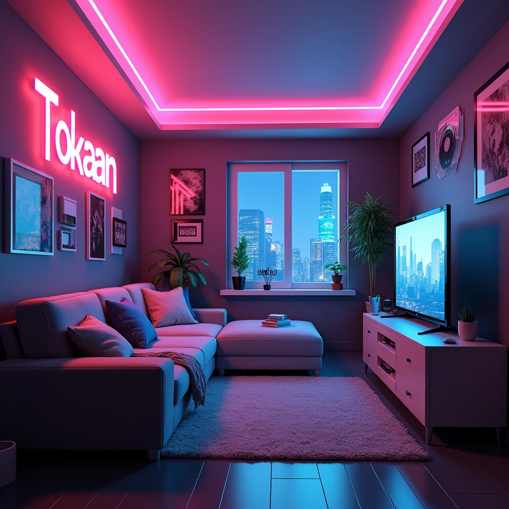 Room with a sofa on the left and a TV on the right wall with a TV cabinet underneath. On the back wall a window with a rather futuristic view in a Cyberpunk theme. ager's bedroom in a Cyberpunk theme with neon lights on the ceiling and the words TOKAAN written in neon on the left wall above the sofa