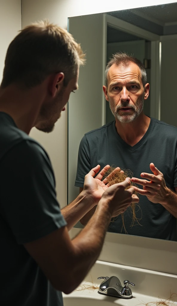 Create an image for me of a man with hair loss, facing a mirror , holding the hair that fell out.  I need to get the public&#39;s attention