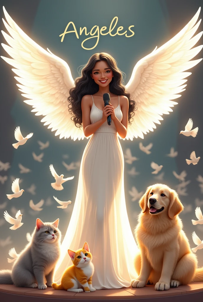 A 26-year-old brown-skinned girl ,with big wings like an angel with a smile and has braces on his teeth , her black wavy hair with a long white dress like a Goddess on a stage full of doves with a microphone , Next to her are her 3 pets, a large gray angora kitten, lead-colored all over its body, and her other pet, which is a yellow and white kitten, her name is Nini, she is smaller, and her last pet, which is a large beige Golden puppy, his name is Osito, on stage he has a big name that says Angeles.