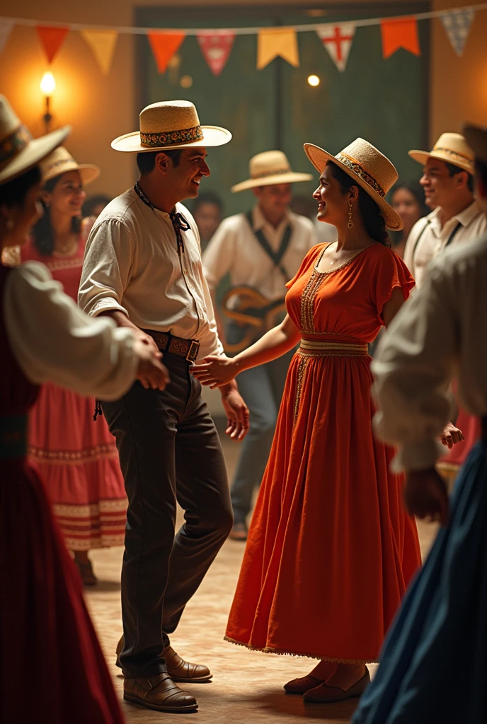 This scene shows a vibrant traditional dance in the Venegas family home.. The room is decorated with colorful pennants and oil lamps that softly illuminate the environment.. men and women, dressed in traditional Costa Rican costumes in the 19th century, fill the dance floor. Straw Hats: Men often wear wide straw hats., an essential garment to protect against the intense sun in rural areas. These hats, wide and rounded brim, They are generally natural in color, Although some may have decorative ribbons in dark tones.
Cotton Shirts: The shirts they wear are made of cotton, long sleeve to protect against the weather, and with buttons in front. They are often white or light colored., sometimes with small embroidered details on the collar and cuffs.
Cloth Pants: The pants are made of durable fabric, how to drill the raincoat, in dark colors like brown, blue or grey. Its cut is straight, and are used with a cloth or leather belt that serves both as a belt and as a support for the tools they might carry..
sashes: Wide belts or sashes are made of tanned leather or fabric., often with embroidered or engraved decorative details. They are functional and ornamental at the same time., since they add a touch of distinction to the clothing.
espadrilles: Instead of shoes, Many men wear leather or rope-soled espadrilles., typical of the peasantry. These are simple, comfortable and practical for moving around rural areas, Long Dresses: Women wear long dresses that reach to the ankles., made of cotton or linen, with wide skirts that allow ease of movement, ideal for dancing. Dresses are often adorned with lace., brightly colored embroidery and ribbons, like red. music, played by a string ensemble in a corner, fills the air with festive melodies. There is laughter, Lively conversations, and a general feeling of community and celebration.