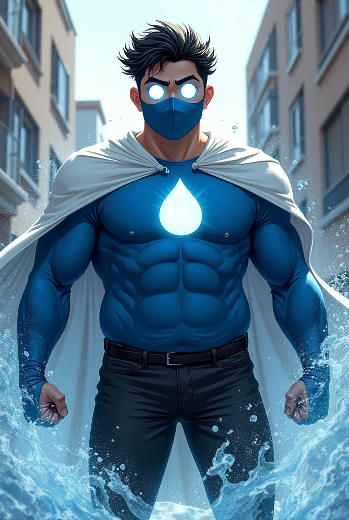 Create an image of a teenager with water powers, This teenager is wearing a costume with a blue shirt with the symbol of a white drop in the middle, he wears a blue mask with completely white eyes, and also wears black pants with a white cape, This teenager has white skin and black hair, he is fat, and he has very curly, curly hair and very short hair.