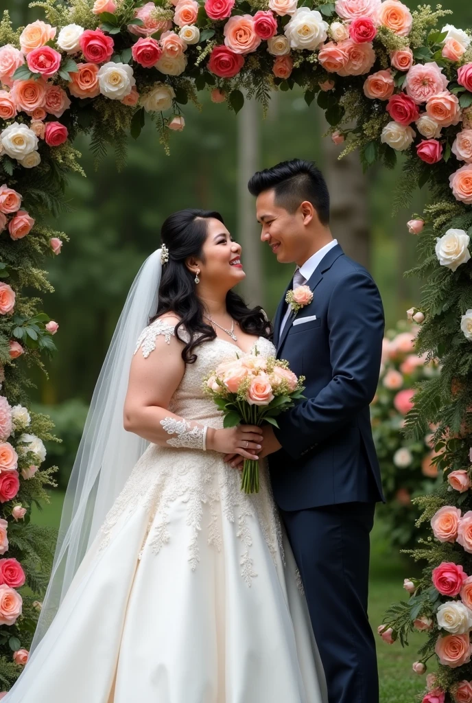 real pinoy couple fat girl amd boy slim wearing wedding with background arounding flowers