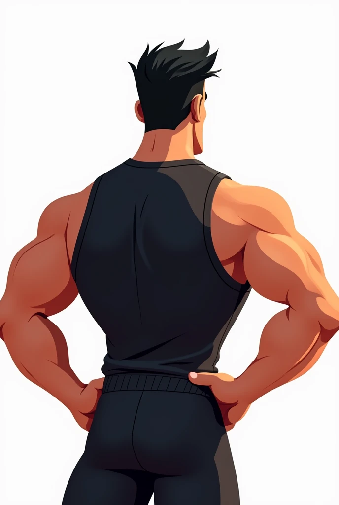 Man with his back to the image, athletic body, black jersey, Bblack hair. white image background. animated cartoon