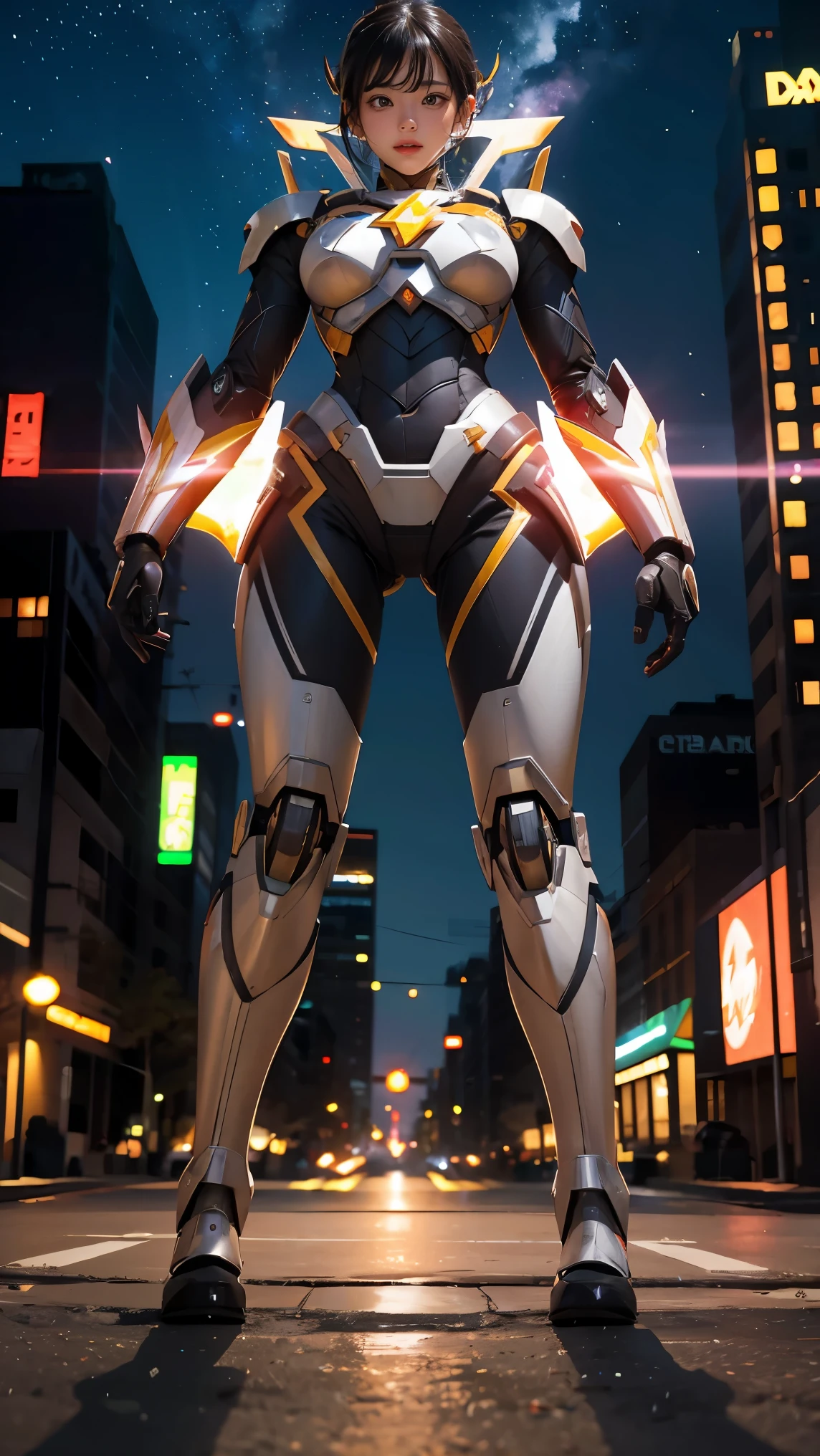 1girl, The Flash, mecha suit, city, full body, pov, from below, power armor, dynamic pose,