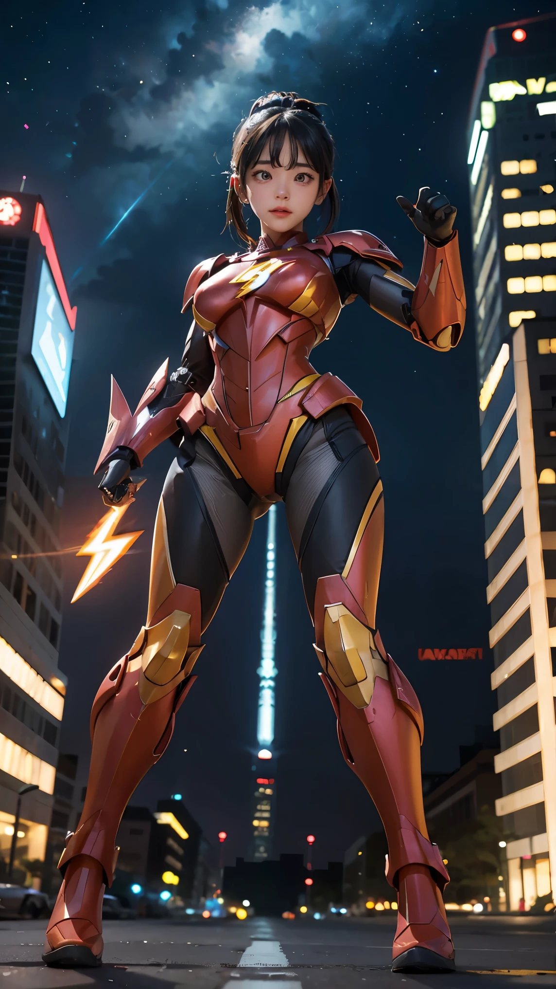 1girl, The Flash, mecha suit, city, full body, pov, from below, power armor, dynamic pose,