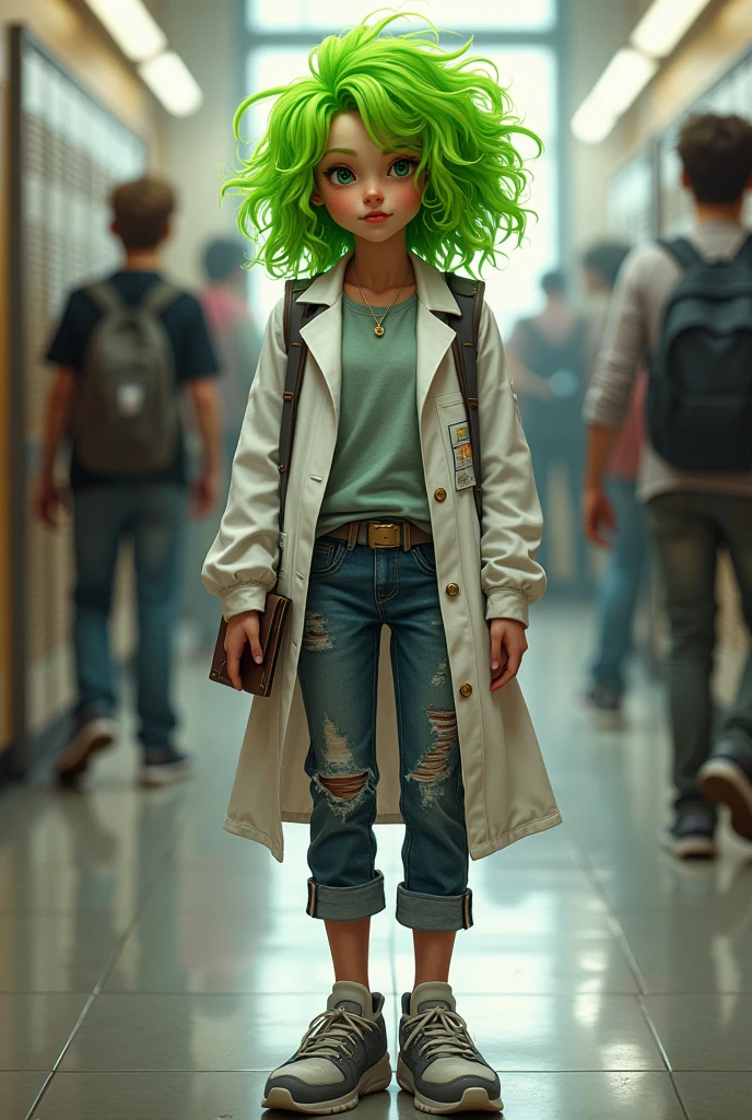 Make a high school student with hair that looks like a leek dressed like a scientist bum
