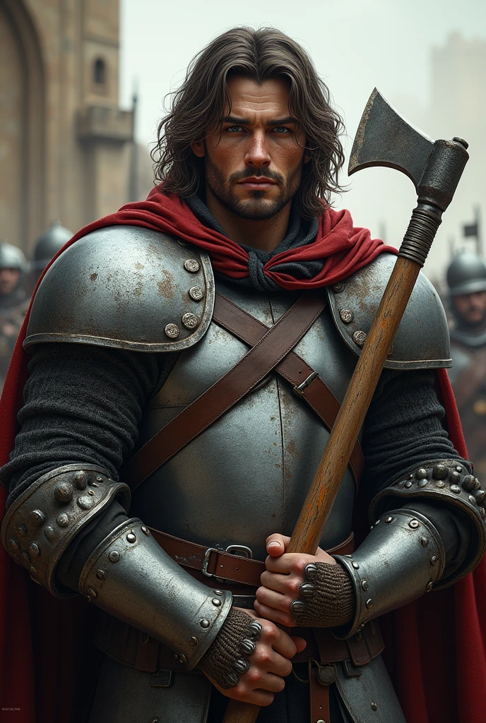 Short Italian soldiers, 27 years old, long brown hair, gray eyes, wearing robust medieval armor. He holds a battle ax