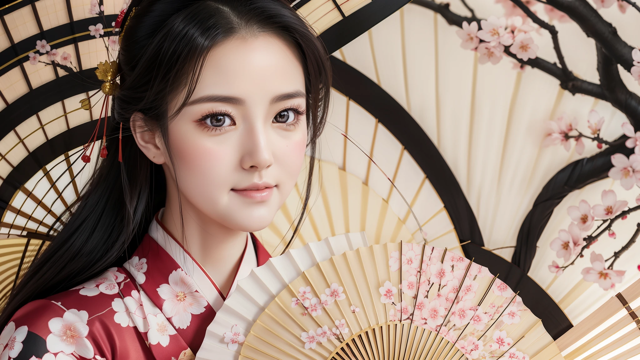 Honey , Tsundere, Realistic photos, Beautiful Eyes, Flowing black hair, Elegant kimono, Cherry blossom background, Traditional folding fan, Calm expression, Soft lighting, Traditional Japanese art style, Vibrant colors, Peaceful atmosphere, Delicate features, Graceful posture