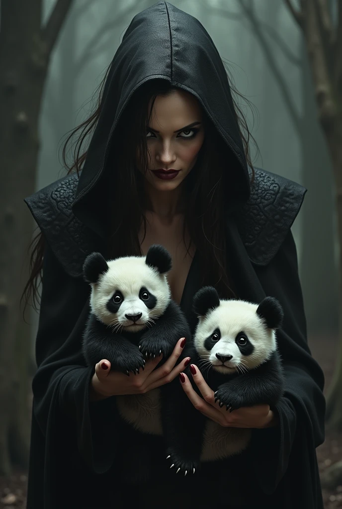 evil woman with two baby pandas