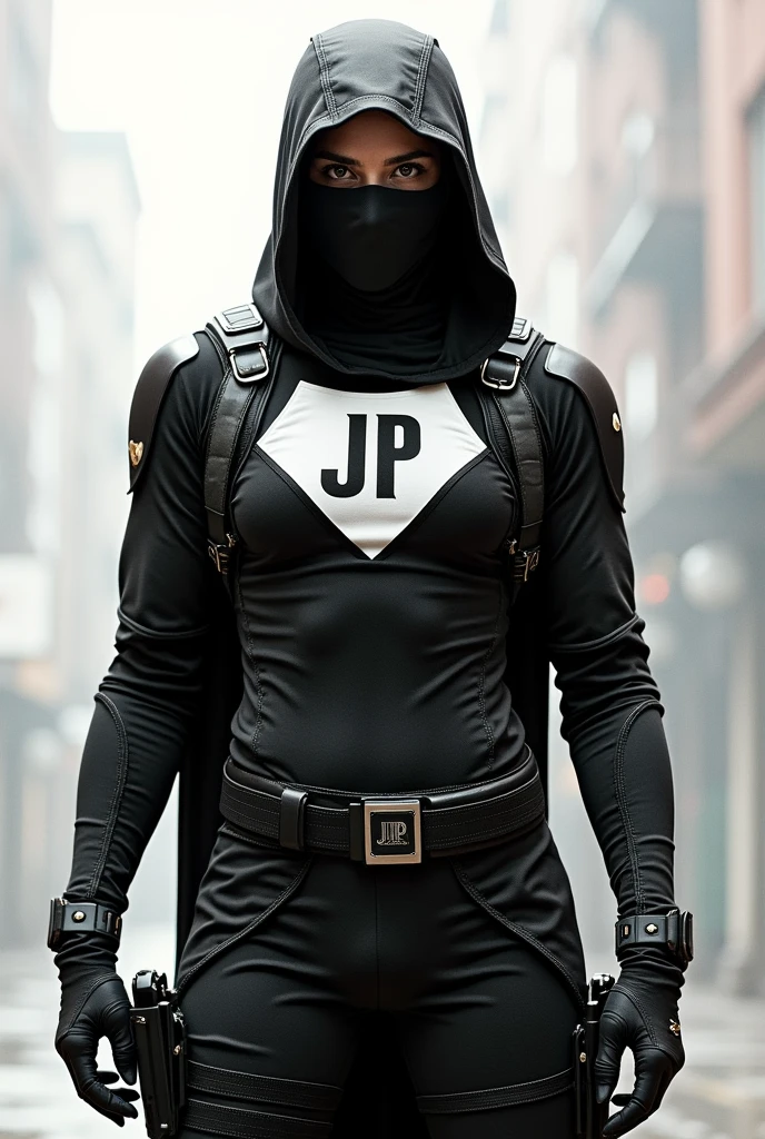 create a superhero with a uniform that mixes soldier and ninja and the uniform has a jp on the chest of the uniform and the color is black and white of the uniform  with military and ninja style uniform and to put on the face a mask on the mouth and one on the eyes  no hood  