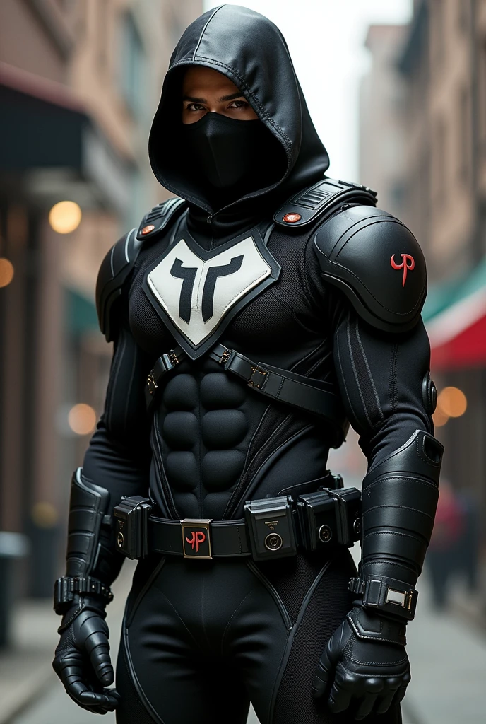 create a superhero with a uniform that mixes soldier and ninja and the uniform has a jp on the chest of the uniform and the color is black and white of the uniform with military and ninja style uniform and to put on the face a mask on the mouth and one on the eyes take off your hood and cape