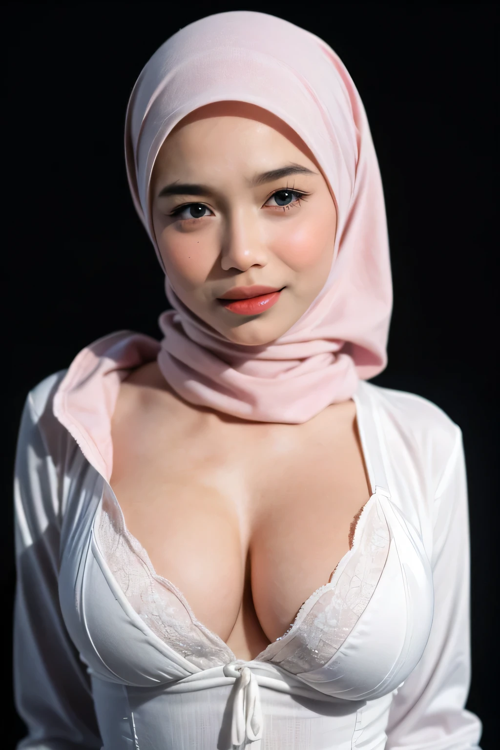 Naked, Very cute like a , ((Stylish Hijab)), adorable, 1 girl, 10 years ce, shy, half rait,smile,  (face details: 1), (eye details: 1), ((round large breasts, cleavage)). Cute posed. proportional body. Ultra High Res. (realistic: 1.9), UHD, ((SAD FACE EXPRESSION :1.4)), Pink Teddy Pants , Pink Garter Belt.