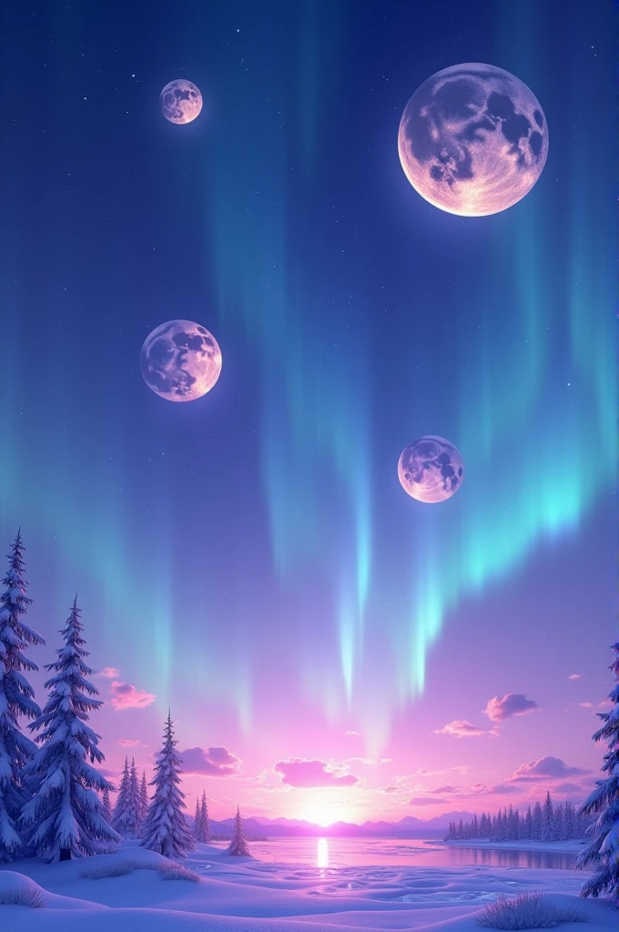 A clear blue and purple daytime sky with aurora borealis and four moons, one large, one medium, one small, and one medium.