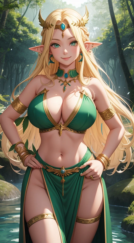 masterpiece, Highest quality, One person, alone, Fantasy, Cowboy Shot, View your viewers, Pointed Ears, Fairy, Ridiculously long hair, Very long hair, Blonde, Big Hair, Elbow hand pockets, Armband, Pelvic Curtain, Wide Hips, (Huge breasts:1.2), Green Eyes, Only the waist, earrings, hoop earrings, ring, jewelry, bracelet, belly button, necklace, Forehead jewel, Circlet, Revealing clothing, No pants, See through, Dancer, forest, Partially submerged, smile, leaf, wood, branch, Thigh straps, Hands on hips,