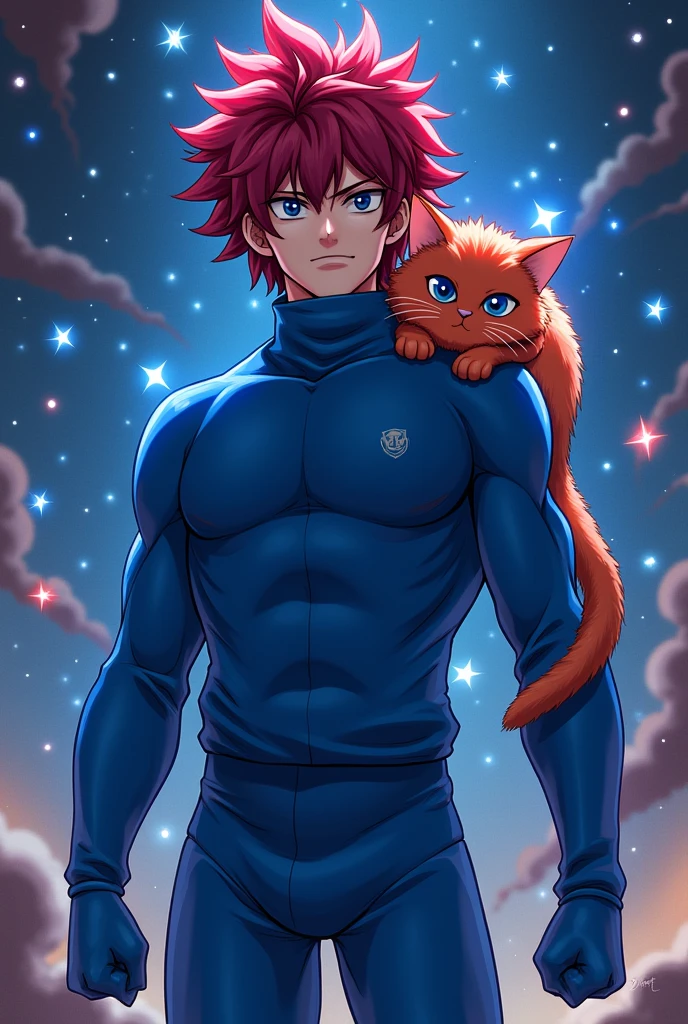 My pro hero academia, reddish hair, hip length hair, dark black eyes, stars around you, Whole body, blue uniform, blue sweater and blue pants with a reddish cat on the shoulder