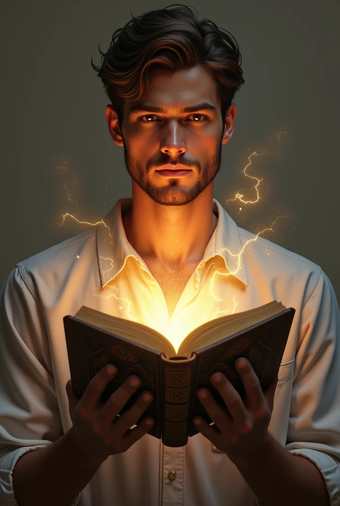 (photorealism:1.2), a young man holding a bible and his eyes shines like a light,and it is filled with the power of God