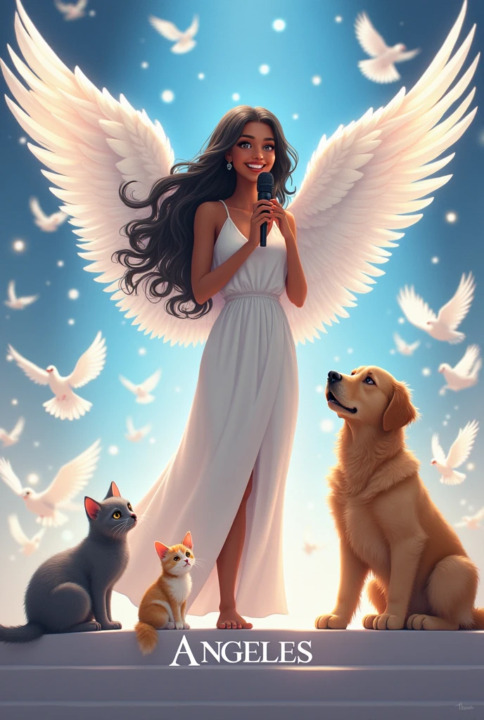 A 26-year-old brown-skinned girl ,with big wings like an angel with a smile and has braces on his teeth , her black wavy hair with a long white dress like a Goddess on a stage full of doves with a microphone , Next to her are her 3 pets, a large gray angora kitten, lead-colored all over its body, and her other pet, which is a yellow and white kitten, her name is Nini, she is smaller, and her last pet, which is a large beige Golden puppy, his name is Osito, on stage he has a big name that says Angeles.