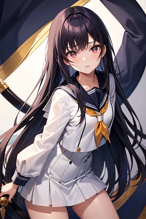 A woman wearing a sailor suit，high school student，Fair skin，Rin々Funny face，long hair，Hair color is light black，１７talent，Background is white，Holding a sword。She has a small chest.