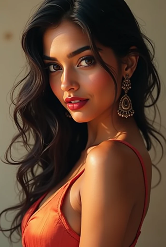 Indian lady age 20 perfect figure eyes little big red lips  little fat 
