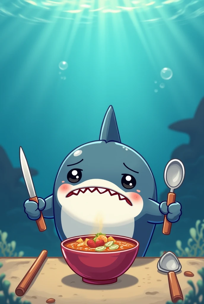 Create a cartoon drawing, it is a cute shark but has a sharp teeth in the ocean holding a knife and spoon in front of him is a shark fin soup and he was sad while looking at it the shark is straight body and more sad (the shark is facing in front)
