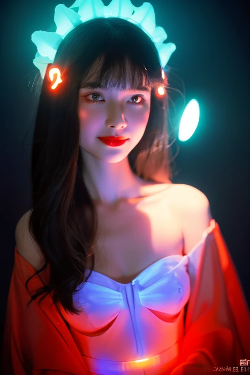 masterpiece, best quality, julia fe, 1girl, solo, long hair, looking at viewer, blush, smile, red lipstick , bright makeup, negative space, (bioluminescence:1.2), darkness, dark background, long sleeves, dress, bare shoulders, medium breasts, very long hair, wide sleeves, cape, white dress, circlet