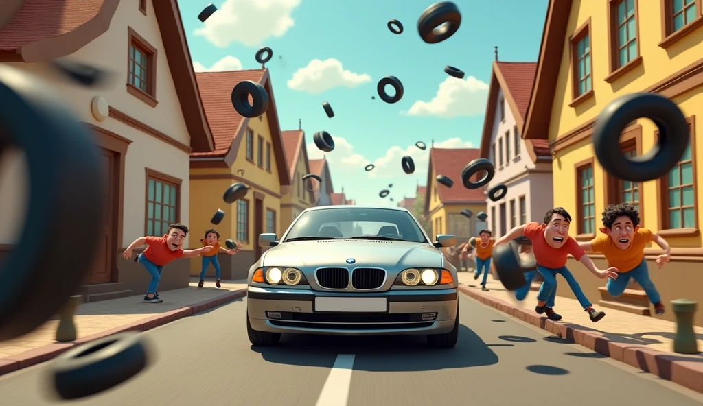 Im Stil von Cartoon 3D-Animations-Filmen. Villagers flee in fear from flying car tires and a speeding silver BMW E46 Compact. A villager is brutally killed by a tire.
