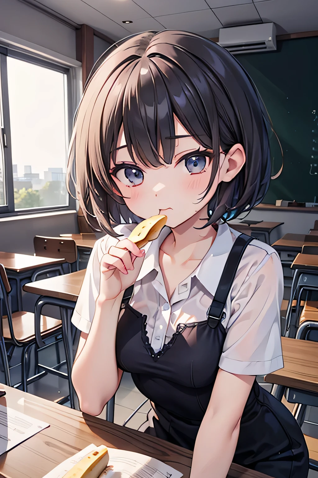 eating a banana,BREAK 30yo,woman,teacher,short hair,short bob,masterpiece,best quality,super detailed,8k,super fine illustration,BREAK in classroom,detailed background,