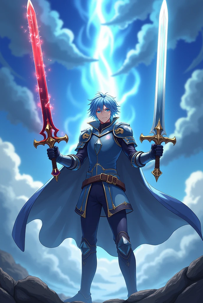A male anime character with light blue hair. He is a brave knight. His weapons are two holy swords. The first one is a pure white sword with a light aura. The second one is a pitch-black sword with a dark aura.