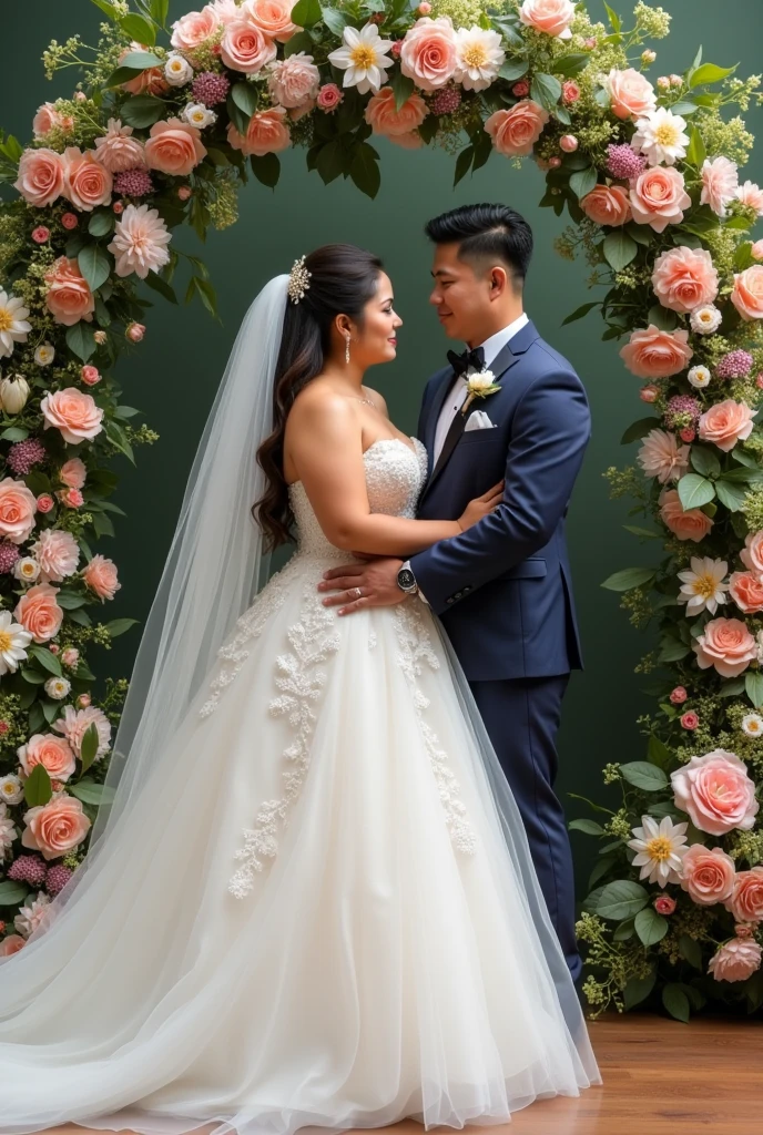 real pinoy couple fat girl amd boy slim wearing wedding with background arounding flowers