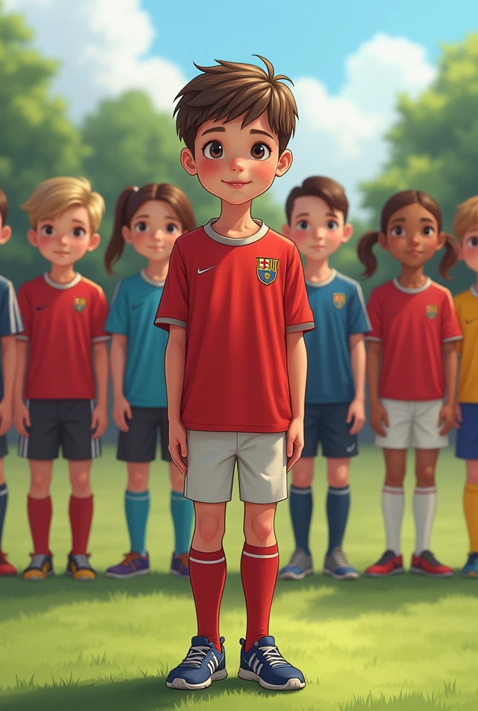 Ilustracion, Niño de 8 años flaco y pequeño, de pie, en fila frontal junto a otros niños de 8 años, con ropa deportiva, en una cancha de futbol
