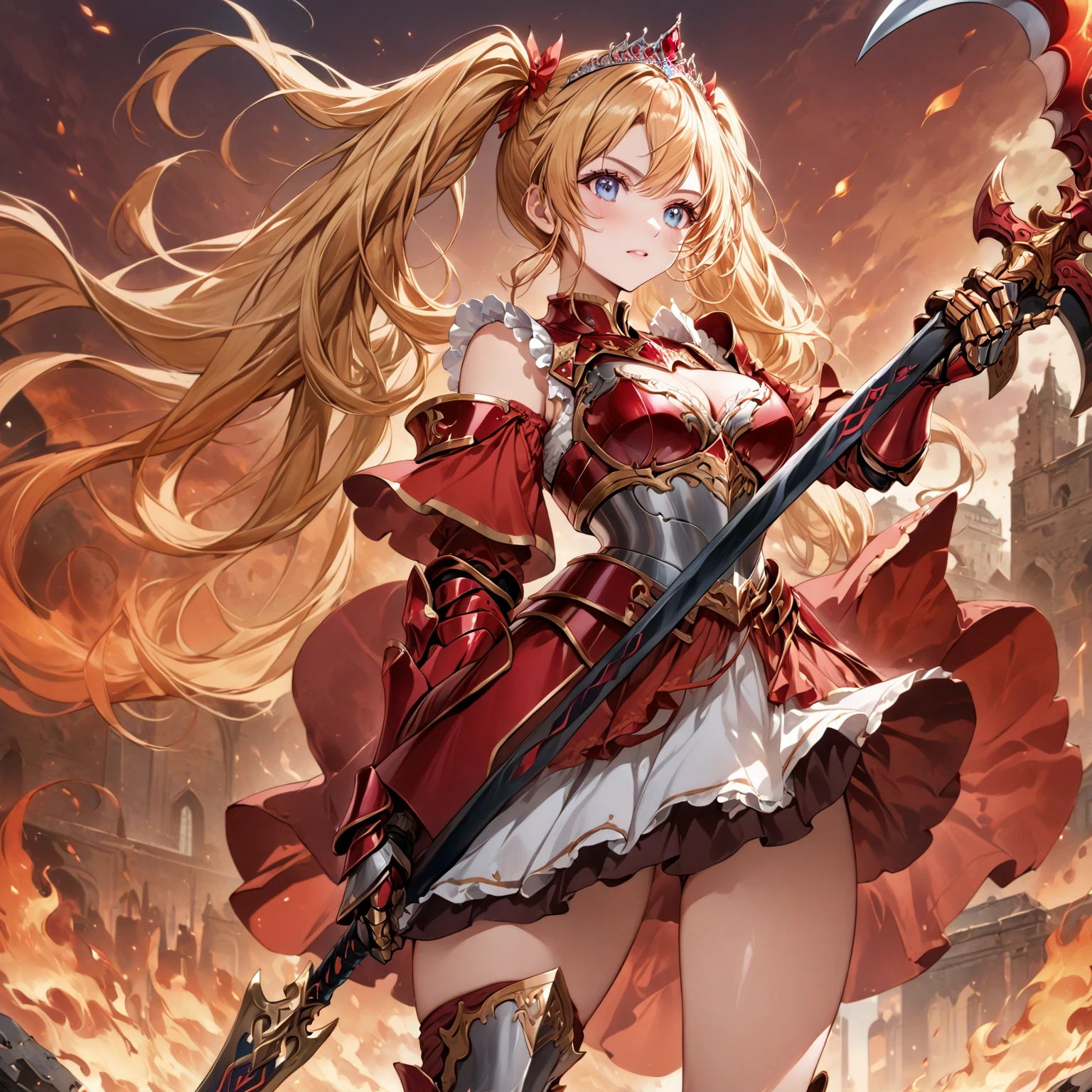score_9_up, score_9, score_8_up, score_7_up, source_anime,masterpiece, best quality, high resolution, extremely detailed CG, absurdres, highres, 1girl, a female knight in metal armor, skirt, frills, holding the scythe of flame, red_outfit, cropped shoulders armor, off-shoulders, plate armor, armor dress,gauntlets, Blonde hair,twintails, long hair, blue_eyes, ruby tiara,cleavage, thighs, thighs armor, weapeon, ((sword of flame)), fire arounded