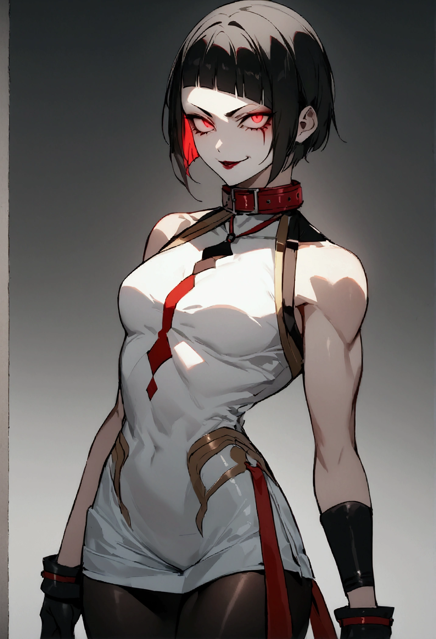 fully body,standing,alone,short hair,work of art,face detailed,young fitness linda,Wearing black pantyhose,tight white sweater with collar ,neckleace,evil smile,red eyes glowing,labiaa,eye shadow,bangs on the eyes,black gloves,
