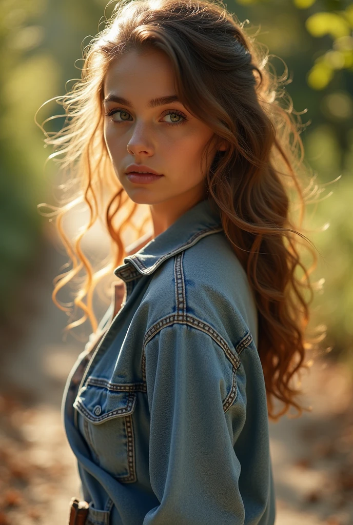 Une magnifique jeune fille de 18 ans avec des traits doux, ses boucles noires mi-longues et sa peau de porcelaine se tiennent gracieusement sur les marches en bois. Ses traits délicats et ses yeux hypnotisants dégagent une beauté naturelle qui captive le spectateur. Elle est vêtue d'un jean moulant qui met en valeur son corps élancé. Elle crée un lien émotionnel en relevant légèrement ses hanches, regardant la caméra avec un mélange d'innocence et de charme, comme si elle voulait que son derrière soit vu. La scène est baignée de soleil chaud, mettant en valeur les riches textures du bois qui l'entoure. Tourné avec le Sony FX3, l'image souligne la qualité éthérée de sa présence, faisant de sa beauté et du moment quelque chose de presque irréel.