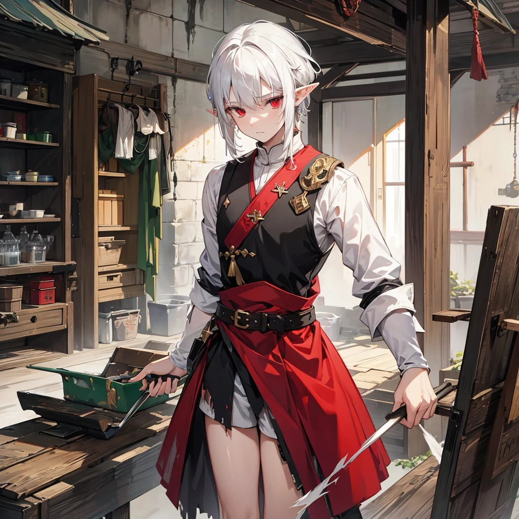 male, white hair, elf, pointy ears, sad red eyes, torn green clothes, blacksmith shop scene