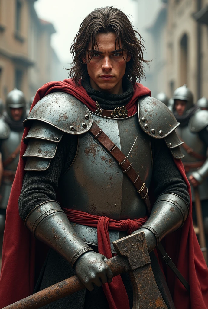 Short Italian soldiers, 27 years old, long brown hair, gray eyes, wearing robust medieval armor. He holds a battle ax
