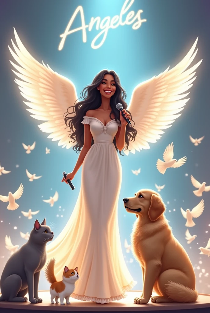 A 26-year-old brown-skinned girl ,with big wings like an angel with a smile and has braces on his teeth , her black wavy hair with a long white dress like a Goddess on a stage full of doves with a microphone , Next to her are her 3 pets, a large gray angora kitten, lead-colored all over its body, and her other pet, which is a yellow and white kitten, her name is Nini, she is smaller, and her last pet, which is a large beige Golden puppy, his name is Osito, on stage he has a big name that says Angeles.